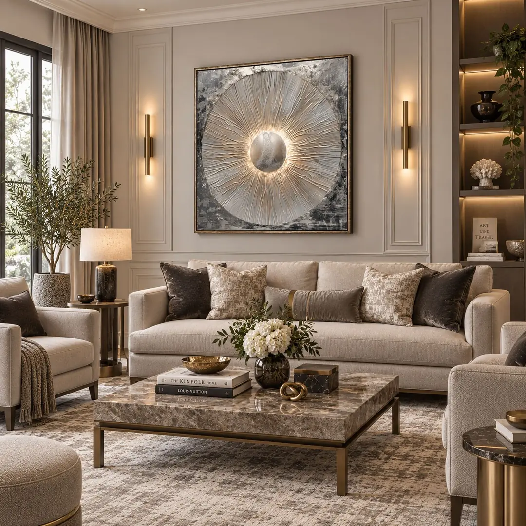 Eskitme Gümüş Çerçeveli - 95x95cm Soyut Güneş Kanvas Tuval Tablo - VOOV9124 1