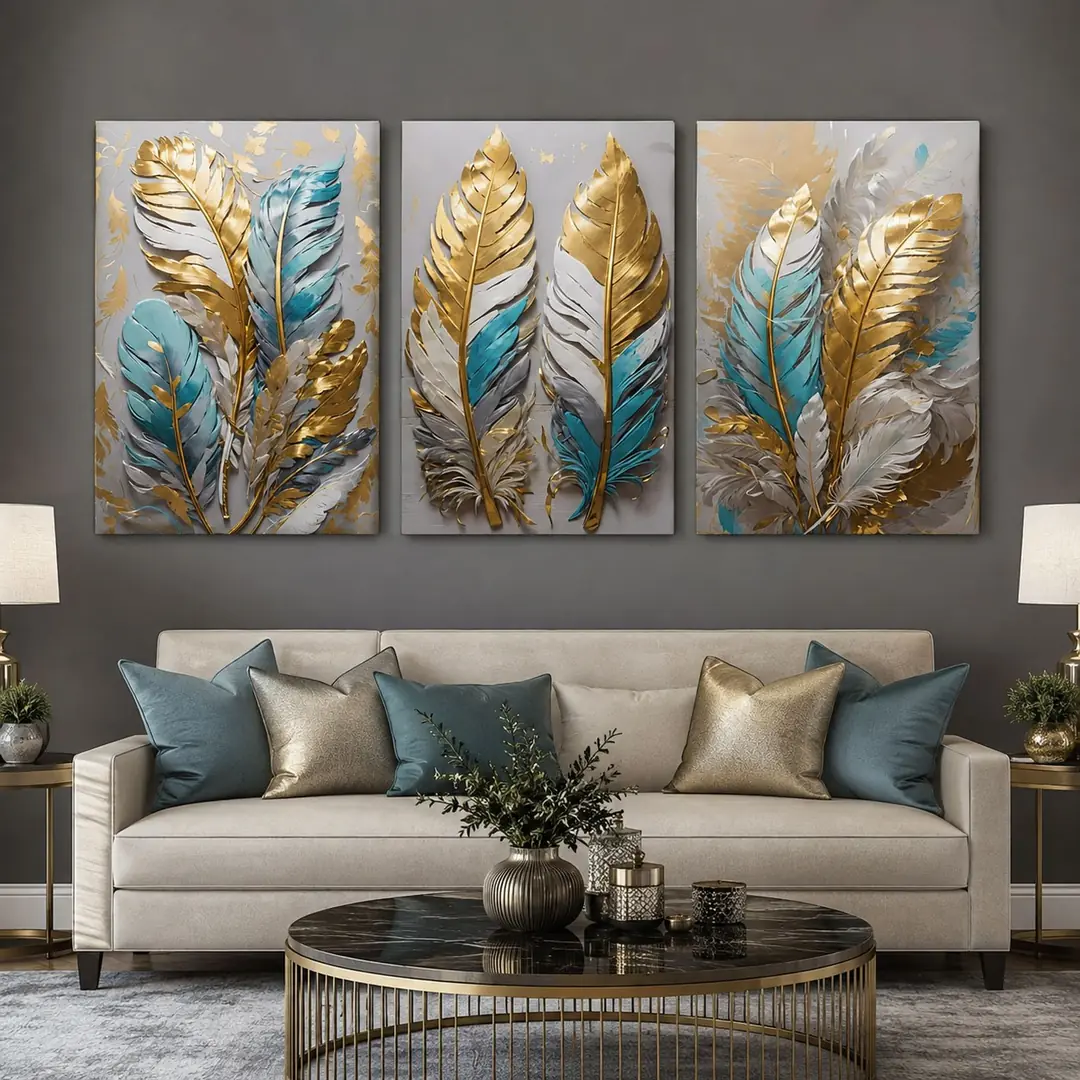 Gold Turkuaz Tüyler Kanvas Duvar Tablosu 3'lü Canvas Tablo Seti - VOOV6056 1