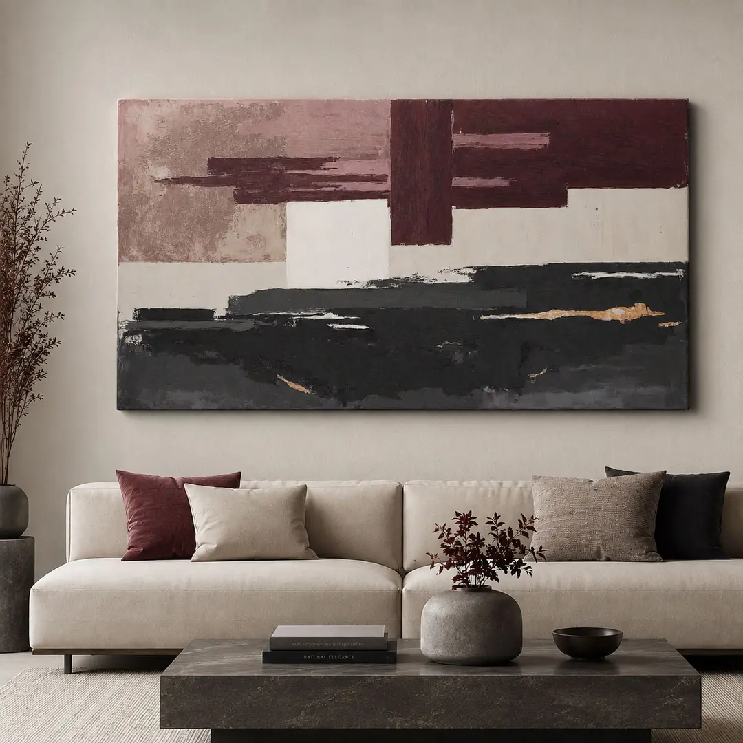 Soft Bordo Siyah Dekoratif Soyut Kanvas Tablo - VOOV3523 1