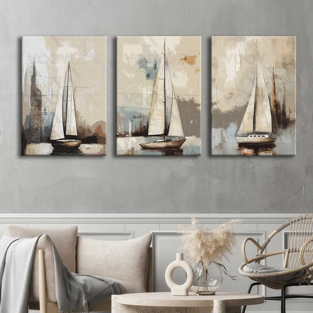 Kanvas Soyut Yelkenliler Tablo 3'lü Canvas Tablo Seti - VOOV4310 1