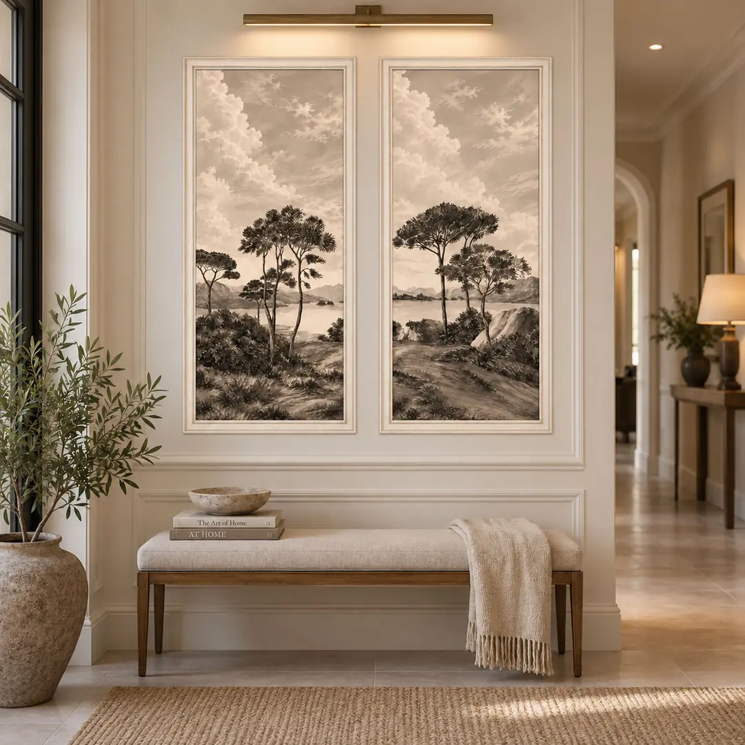 Sepya Dağ Gölü Manzarası - Kendinden Yapışkanlı Çerçeve Görünümlü Dokulu Silinebilir Poster Duvar Kağıdı - İkili Duvar Dekoru - 50x105cm