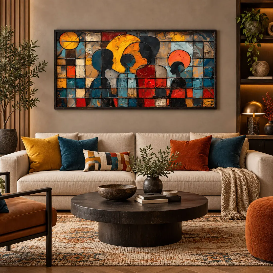Ahşap Çerçeveli - Modern Soyut Aile - Misafir ve Oturma Odası Tablosu - 70x140cm 1