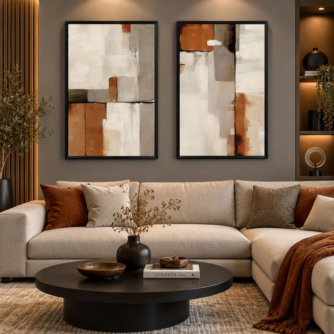 Ahşap Çerçeveli - Modern Toprak Tonları Soyut - Misafir ve Oturma Odası İkili Tablo Seti - 50x70cm