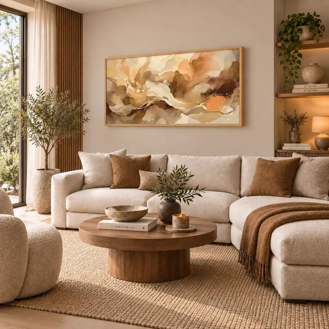 Armudi Natürel Çerçeveli - 70x140cm Toprak Esintisi Soyut Kanvas Tuval Tablo - VOOV9127