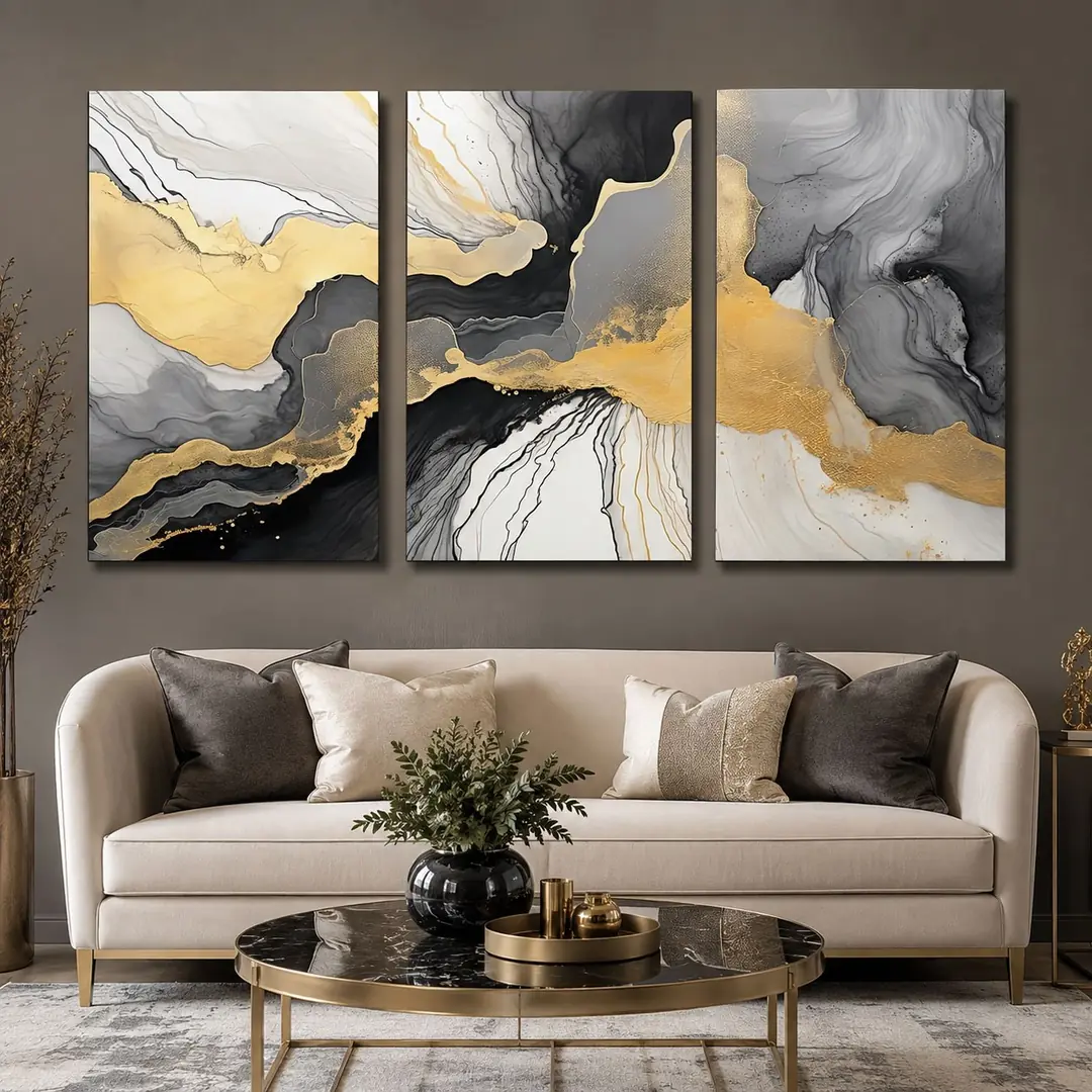 Altın Katmanlar Siyah Gri Gold Soyut Kanvas Duvar Tablosu 3'lü Canvas Tablo Seti - VOOV6072 1
