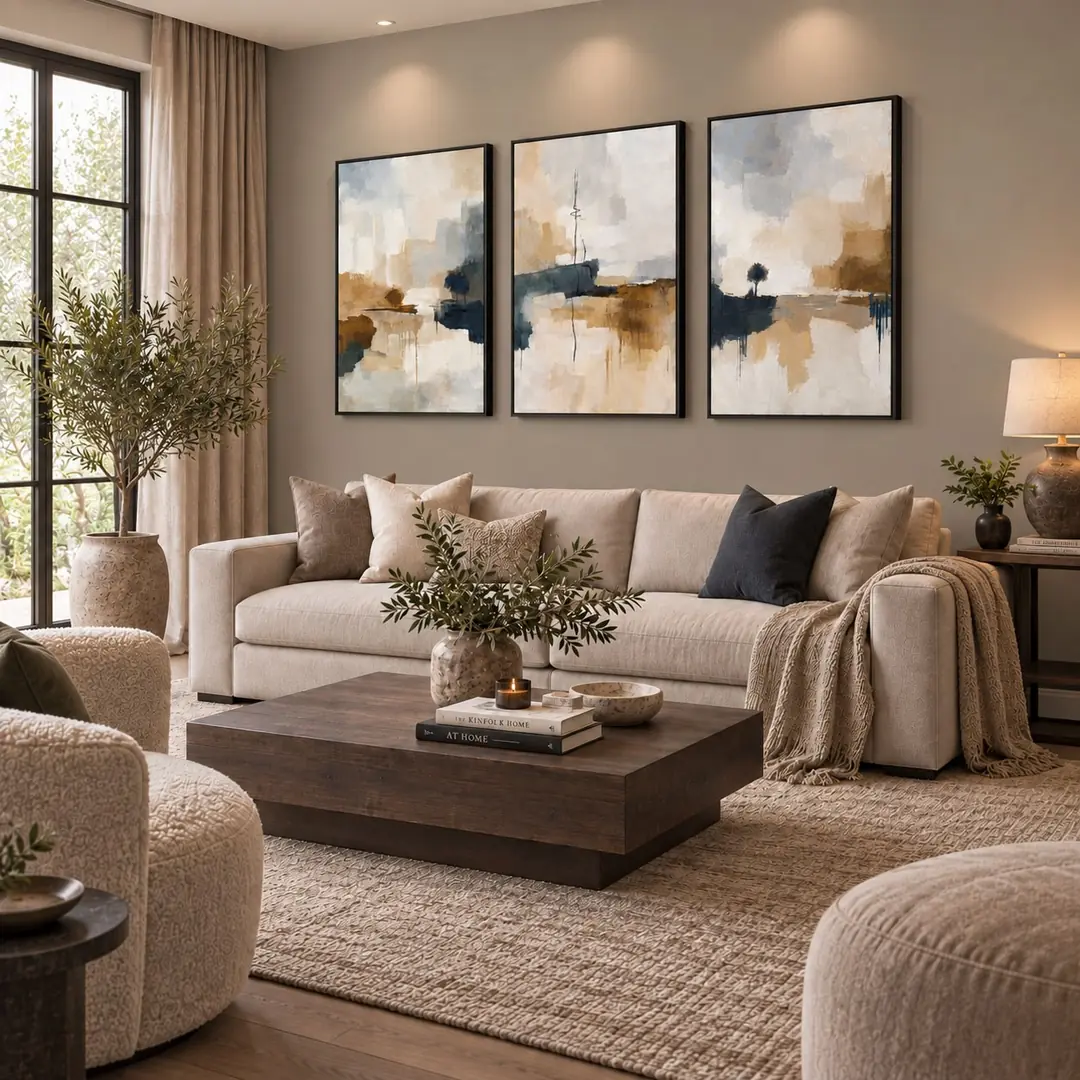 Siyah Ahşap Çerçeveli - 60x90cm Modern Soyut Manzara Üçlü Kanvas Tuval Tablo Seti - VOOV9104 1