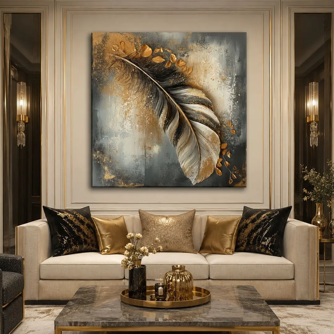 Gold Detaylı Tüy Soyut Kanvas Tablo - VOOV1353