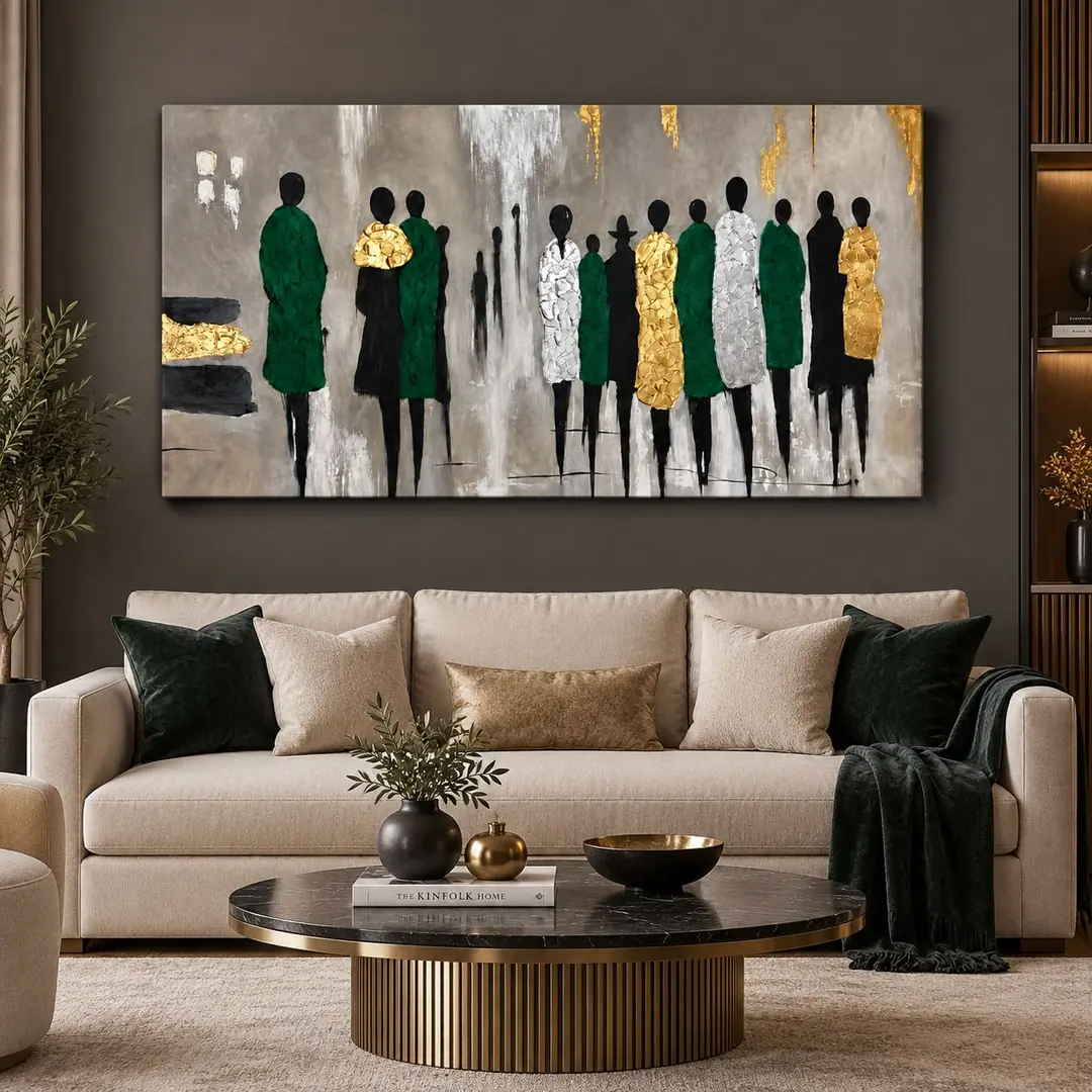 Soyut İnsan Figürleri Gold ve Yeşil Tuval Kanvas Tablo - VOOV3705 1