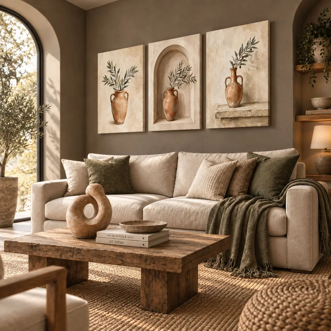 Antik Vazoda Zeytin Dalları Krem Bej Toprak Yeşili Terracotta - Salon Duvar Üçlü Kanvas Tuval Tablo Seti 2