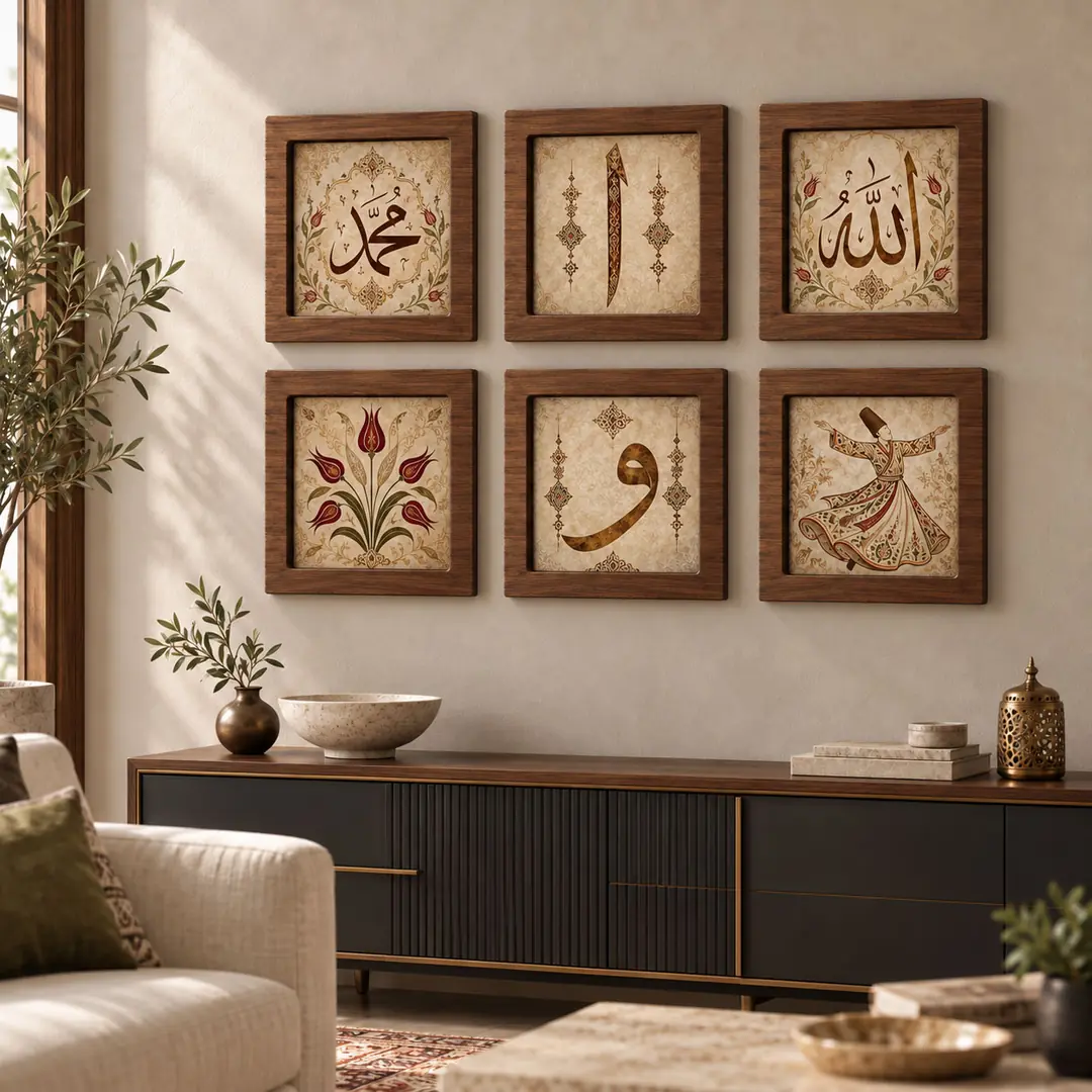 Manevi Huzur İslami Tablo Seti - Altılı Kare Ceviz Ahşap Çerçeveli Lüks Tablo Seti ( 30x30cm ) 6 Adet