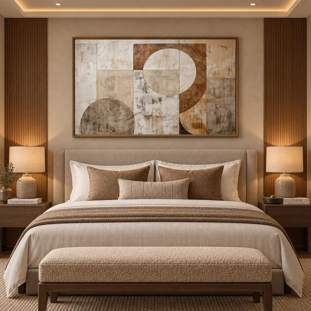 Eskitme Ahşap Çerçeveli - 100x150cm Bej Krem Kahve Modern Geometrik Soyut Kanvas Tuval Tablo - VOOV9141 2