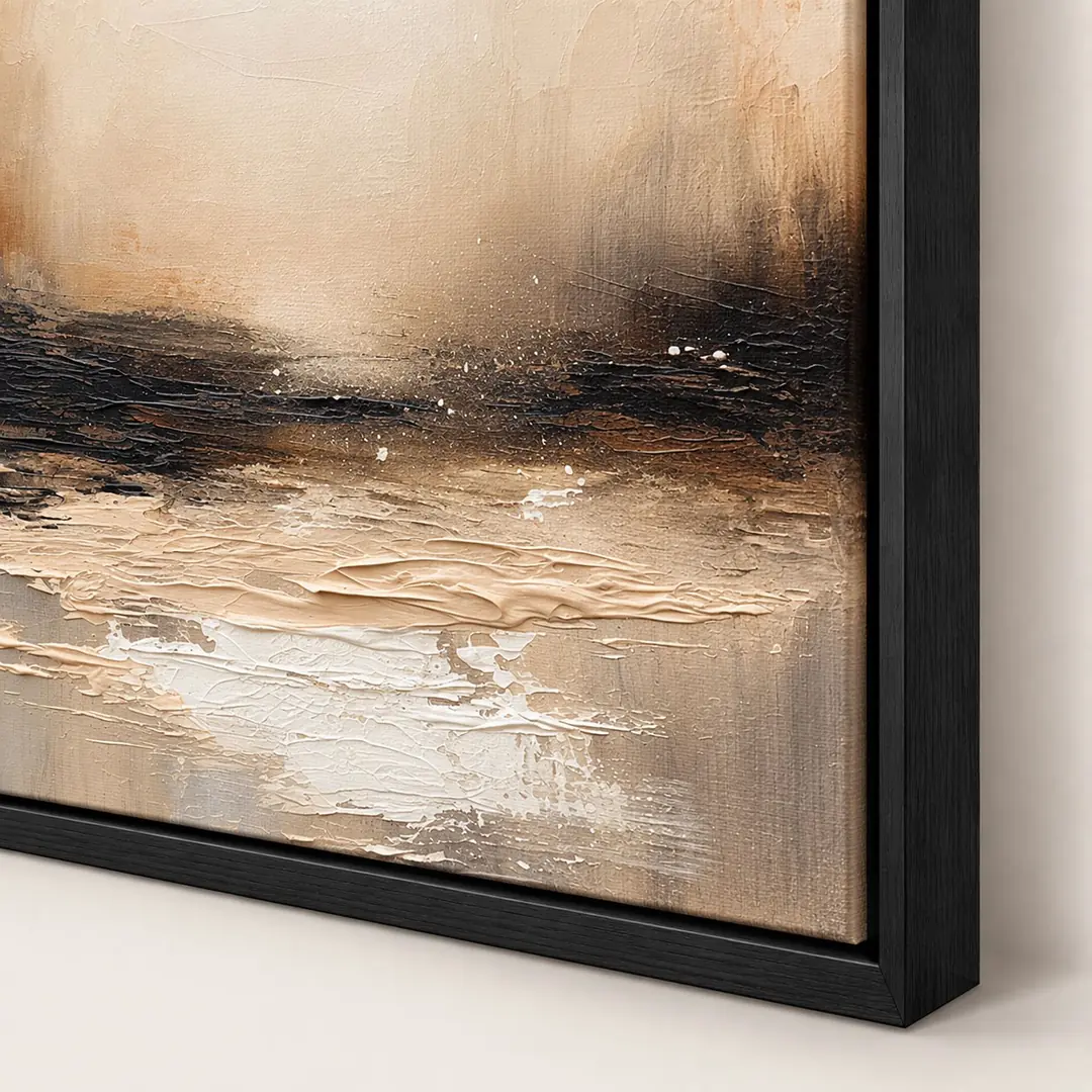 Siyah Ahşap Çerçeveli - 100x100cm Bej Siyah Soft Ufuk Soyut Manzara Kanvas Tuval Tablo - VOOV9107 2