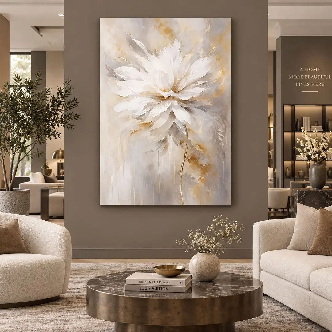 Beyaz Gold Çiçek Tuval Kanvas Tablo - VOOV3745 1