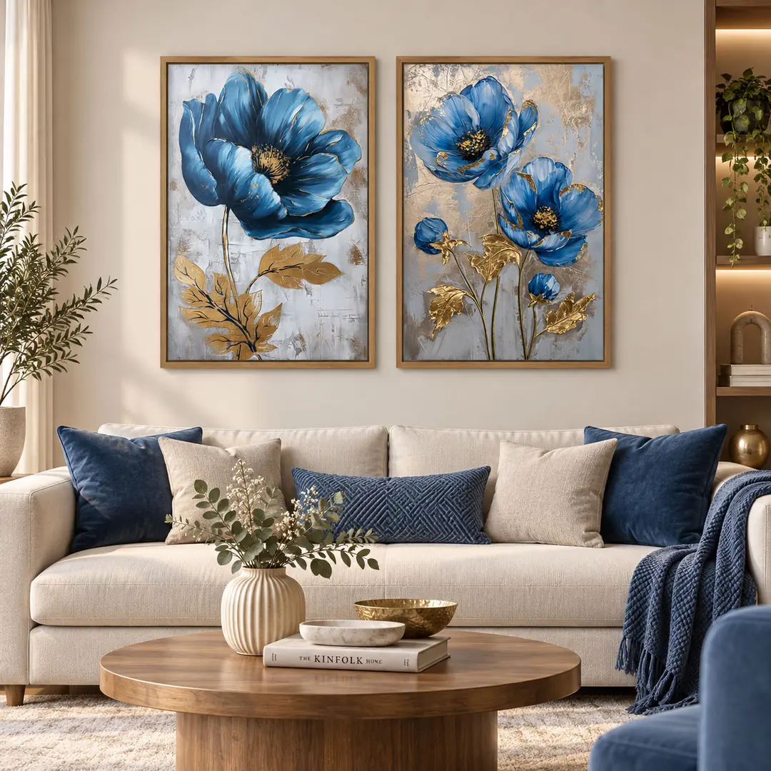 Ahşap Çerçeveli - Dekoratif Mavi Çiçekler- Misafir ve Oturma Odası İkili Tablo Seti - 50x70cm