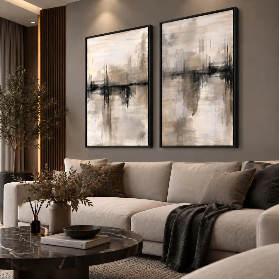 Ahşap Çerçeveli - Modern Bej Krem Soyut - Misafir ve Oturma Odası İkili Tablo Seti - 50x70cm 2
