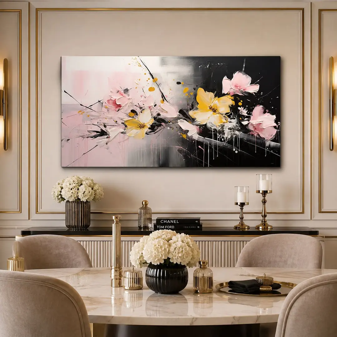 Pembe Düşler Dekoratif Soyut Çiçekler Kanvas Tablo - VOOV2794 2