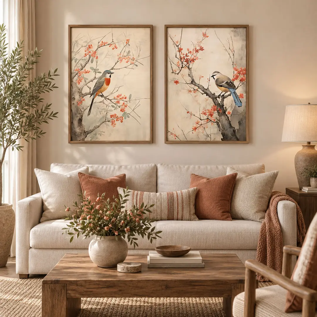 Ahşap Çerçeveli - Bahar Dallarında Kuşlar - Misafir ve Oturma Odası İkili Tablo Seti - 50x70cm
