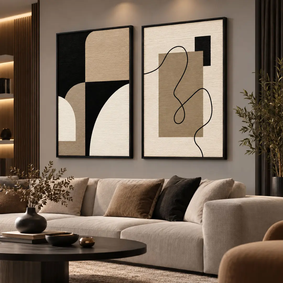 Ahşap Çerçeveli - Modern Geometrik Soyut - Misafir ve Oturma Odası İkili Tablo Seti - 50x70cm 2