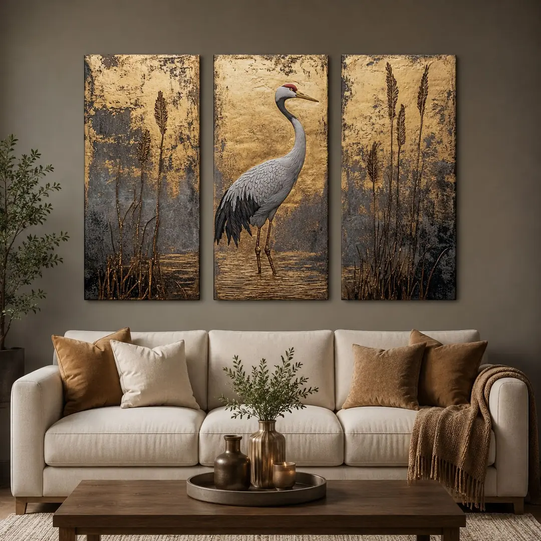 Gold Turna Kuşu Kanvas Duvar Tablosu - 3'lü Canvas Tablo Seti - VOOV6044 1