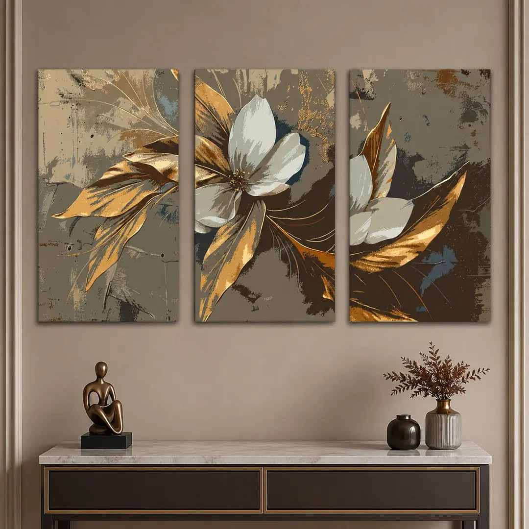 Dekoratif Çiçek ve Yapraklar Kanvas Duvar Tablosu - 3'lü Canvas Tablo Seti - VOOV4405 3