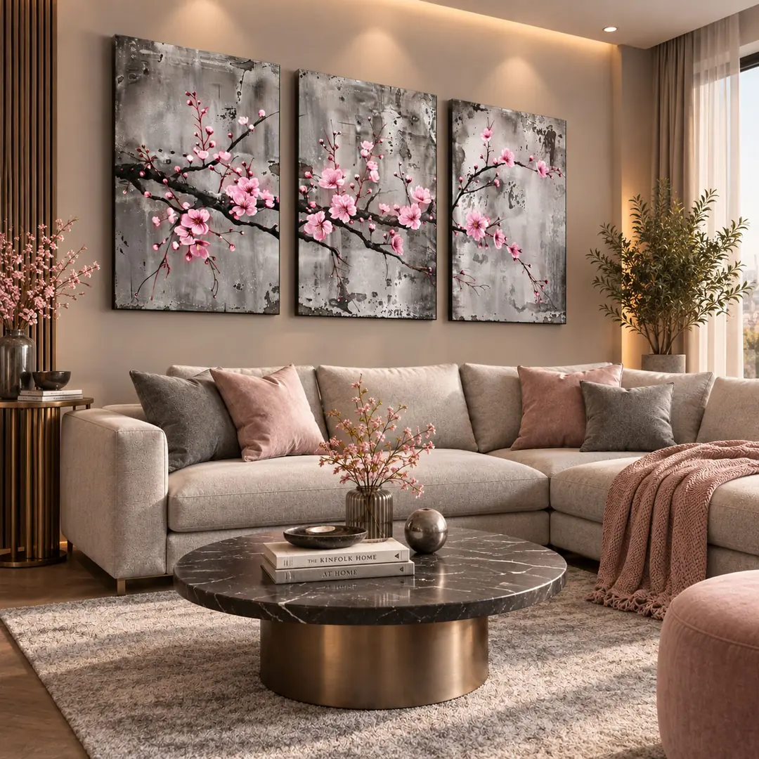 Pembe Sakura Çiçekleri Pembe Gri Antrasit Siyah - Salon Duvar Üçlü Kanvas Tuval Tablo Seti - VOOV6138 2