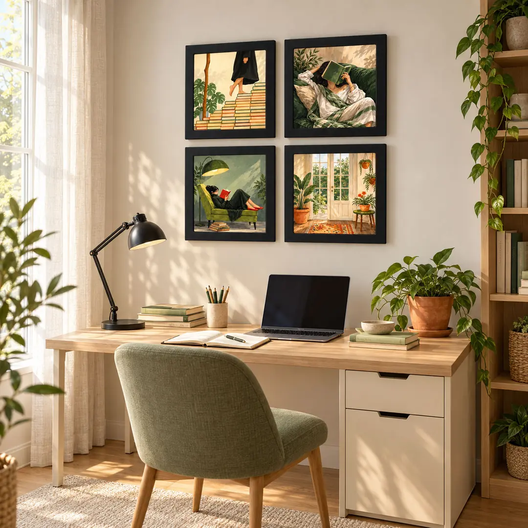 Kitaplı Düşler Kitapsever Tablo Seti - Dörtlü Kare Siyah Ahşap Çerçeveli Lüks Tablo Seti ( 30x30cm ) 4 Adet