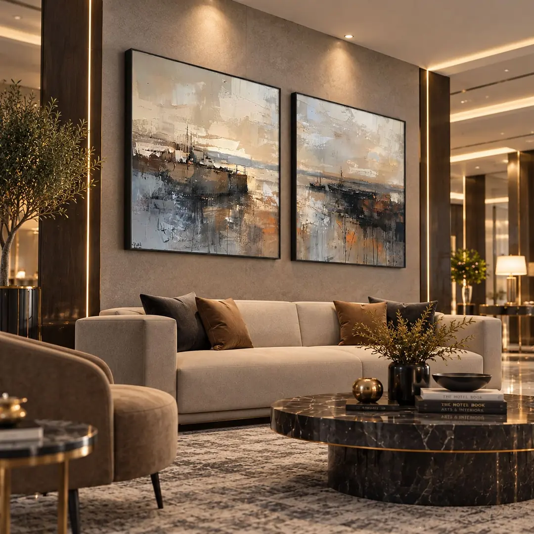 Siyah Ahşap Çerçeveli - 100x100cm Modern Soyut Liman Manzarası İkili Kanvas Tuval Tablo Seti - VOOV9119