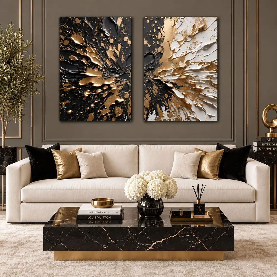 Siyah Beyaz Gold - İkili Kanvas Tuval Tablo Seti - VOOV6127 1