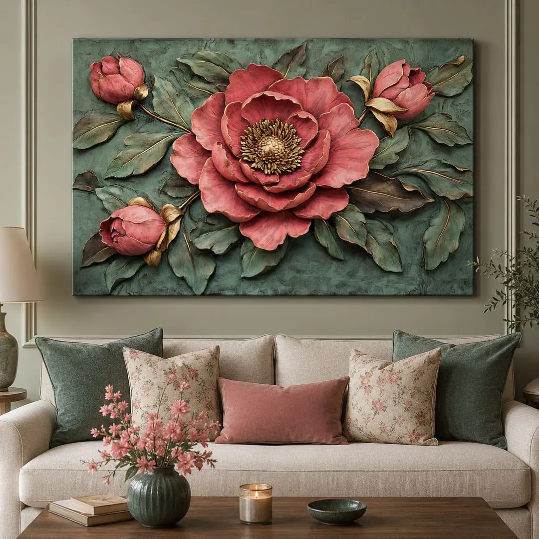 Pembe Şakayık Gold Detaylı Çiçek Kanvas Tablo - VOOV3255 1