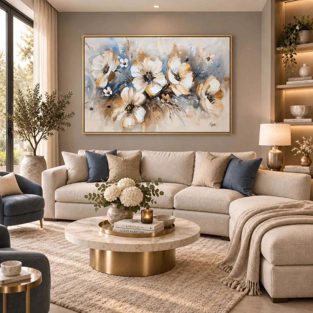 Eskitme Gold Çerçeveli - 105x143cm Gold Detaylı Mavi Beyaz Çiçekler Kanvas Tuval Tablo - VOOV9128 1