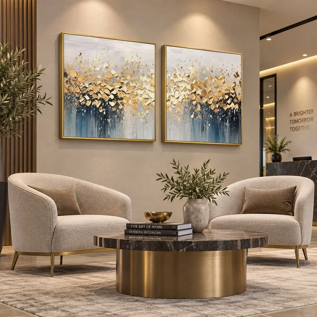 Gold Ahşap Çerçeveli - 75x75cm Gold Petrol Mavisi Soyut İkili Kanvas Tuval Tablo Seti - VOOV9133 1