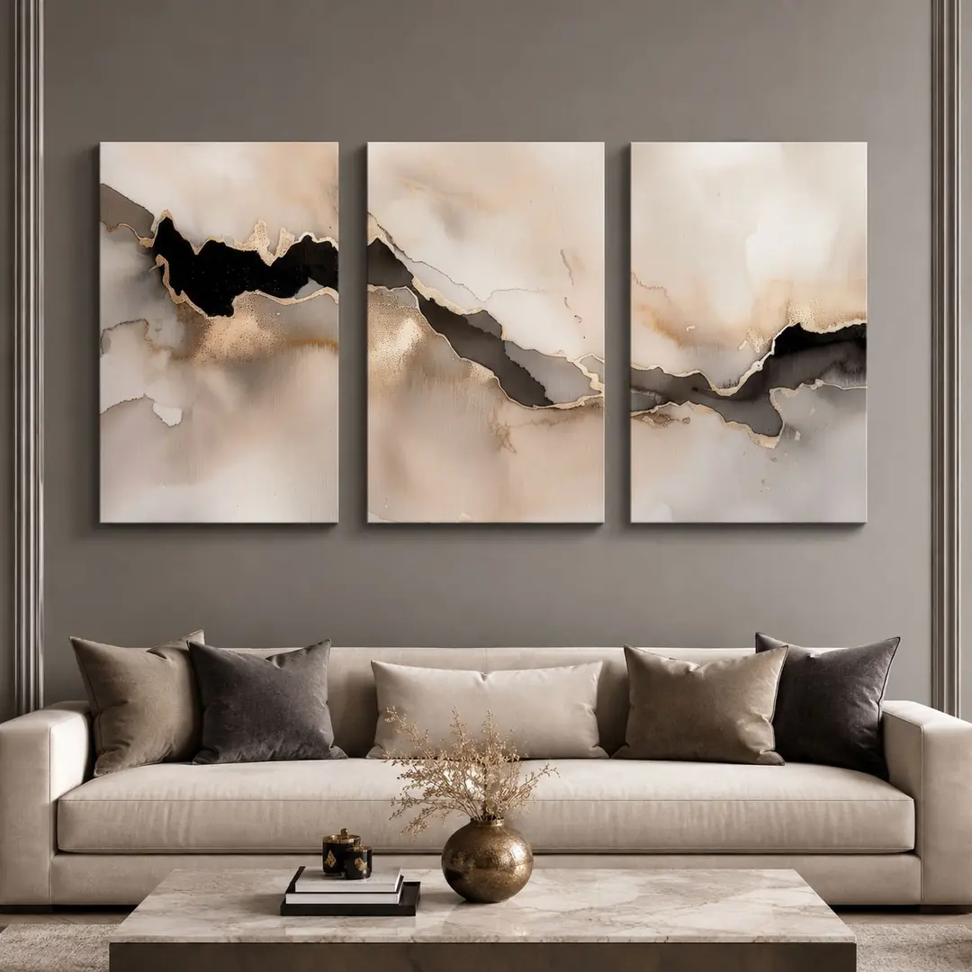 Bej Siyah Gold Soyut Kanvas Duvar Tablosu 3'lü Canvas Tablo Seti - VOOV6082