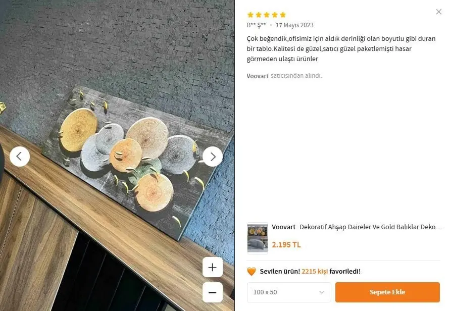 Dekoratif Ahşap Daireler Ve Gold Balıklar Dekoratif Kanvas Tablo - VOOV1518 6