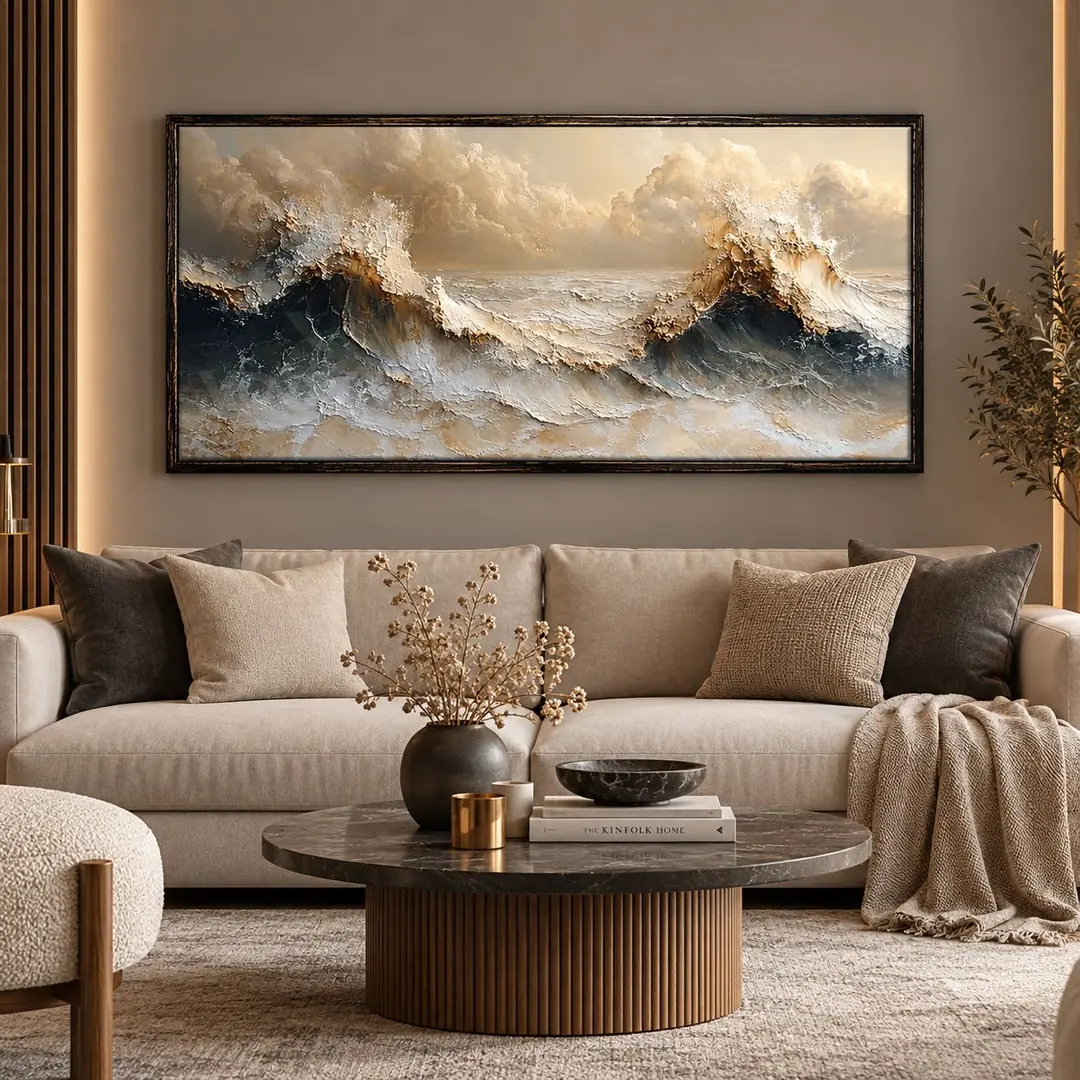 Eskitme Siyah Ahşap Çerçeveli - Soyut Deniz Dalgası - Dokulu Baskı Ahşap Tablo - 70x140cm