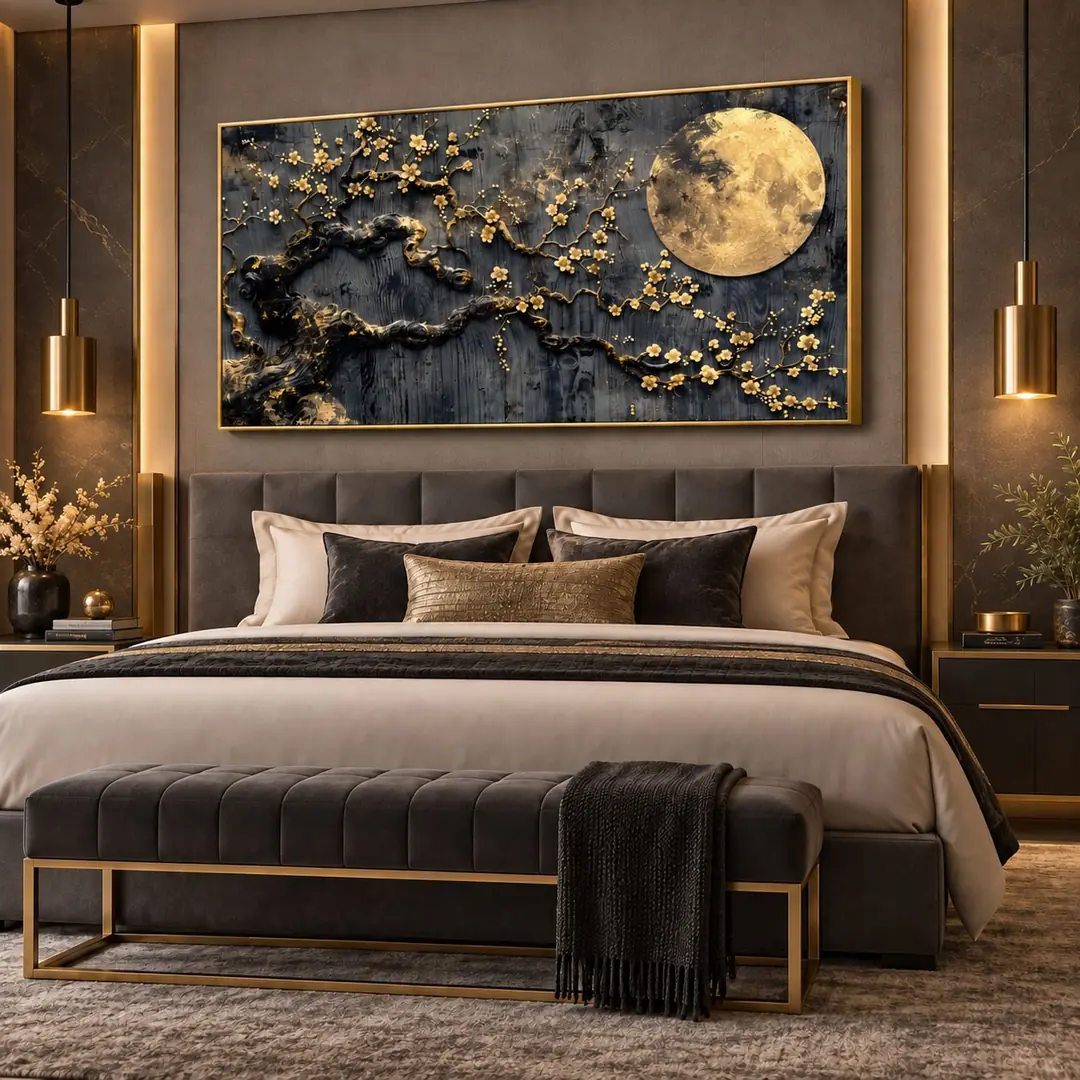 Gold Ahşap Çerçeveli - 75x150cm Gold Ay ve Çiçekli Dal Manzara Kanvas Tuval Tablo - VOOV9132 1