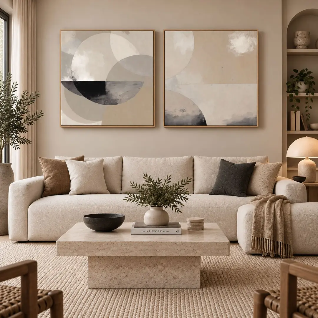 Natürel Ahşap Çerçeveli - 75x75cm Bej & Gri Soyut Geometrik Denge İkili Kanvas Tuval Tablo Seti - VOOV9136