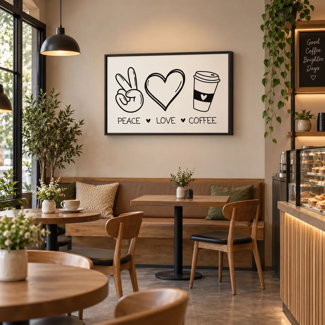 Siyah Ahşap Çerçeveli 60x90cm Peace Love Coffee Kanvas Tuval Tablo - VOOV9123 1