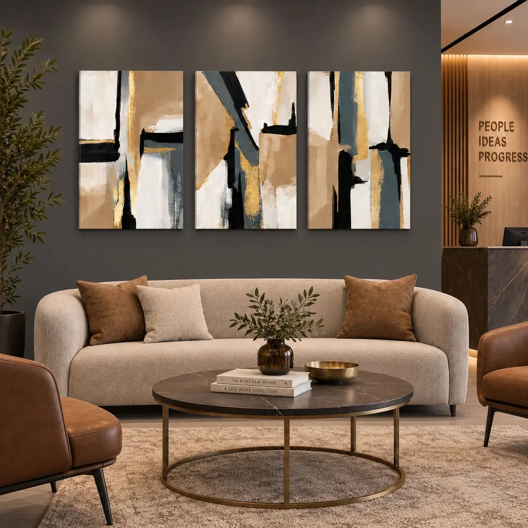 Modern Soyut Bej Krem Siyah Antrasit Gold - Salon Duvar Üçlü Kanvas Tuval Tablo Seti - VOOV6115