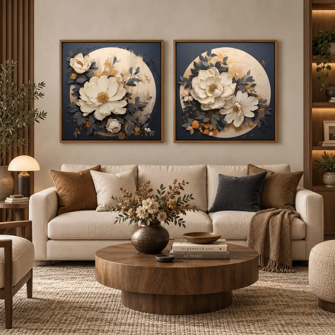 Ahşap Çerçeveli - Krem ve Antrasit Soyut Manolya Çiçekleri Kare - Misafir ve Oturma Odası İkili Tablo Seti - 70x70cm