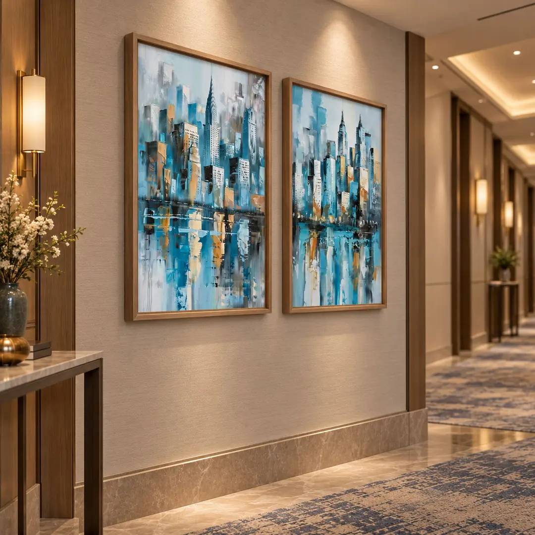 Ahşap Çerçeveli - Modern Mavi Şehir Yansımaları - Misafir ve Oturma Odası İkili Tablo Seti - 70x100cm 2