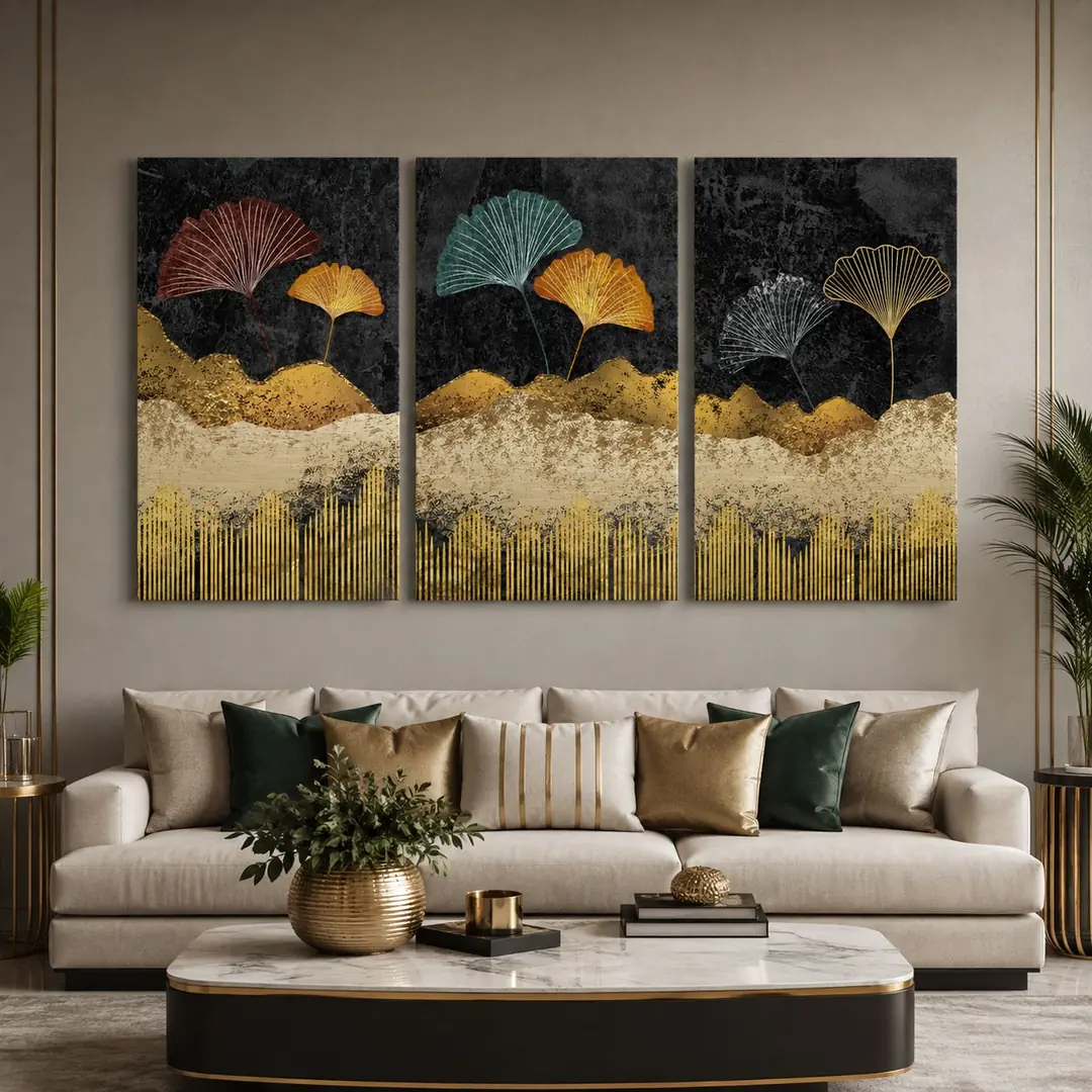 Dekoratif Yapraklar Soyut Kanvas Duvar Tablosu 3'lü Canvas Tablo Seti - VOOV6070 1