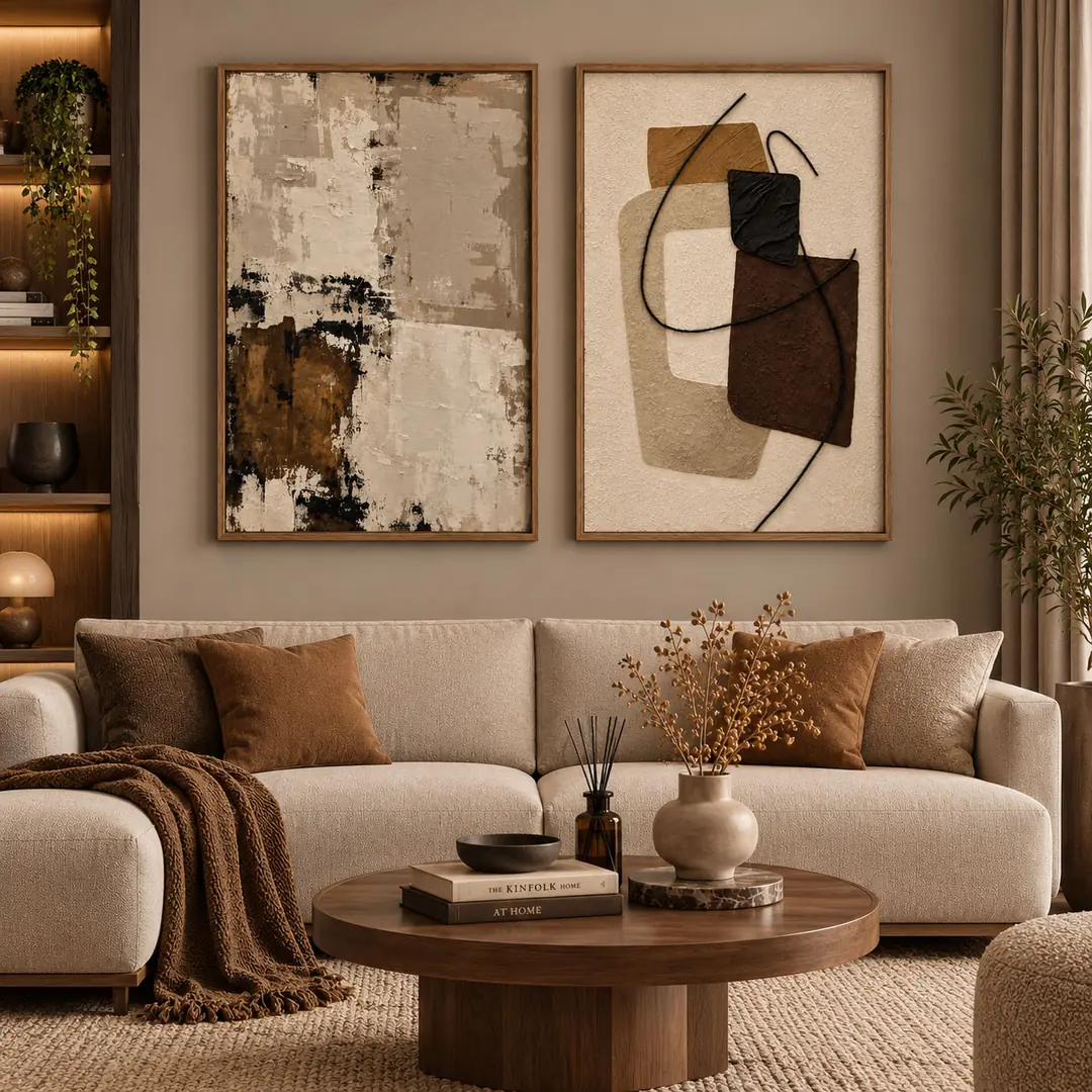 Ahşap Çerçeveli - Toprak Tonları Modern Soyut - Misafir ve Oturma Odası İkili Tablo Seti - 50x70cm