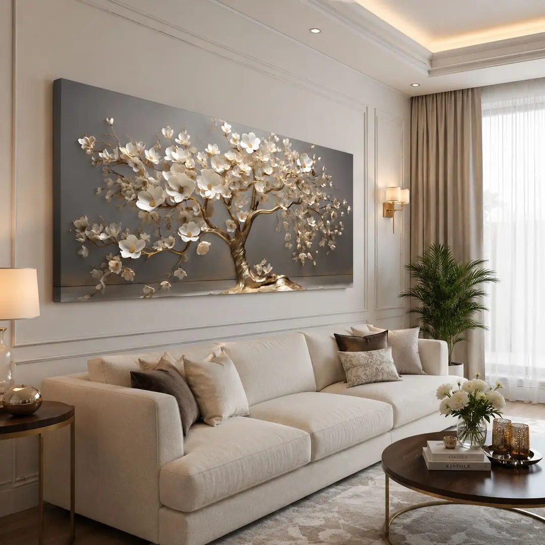 Beyaz Çiçekli Gold Hayat Ağacı Dekoratif Kanvas Tablo - VOOV3225 2