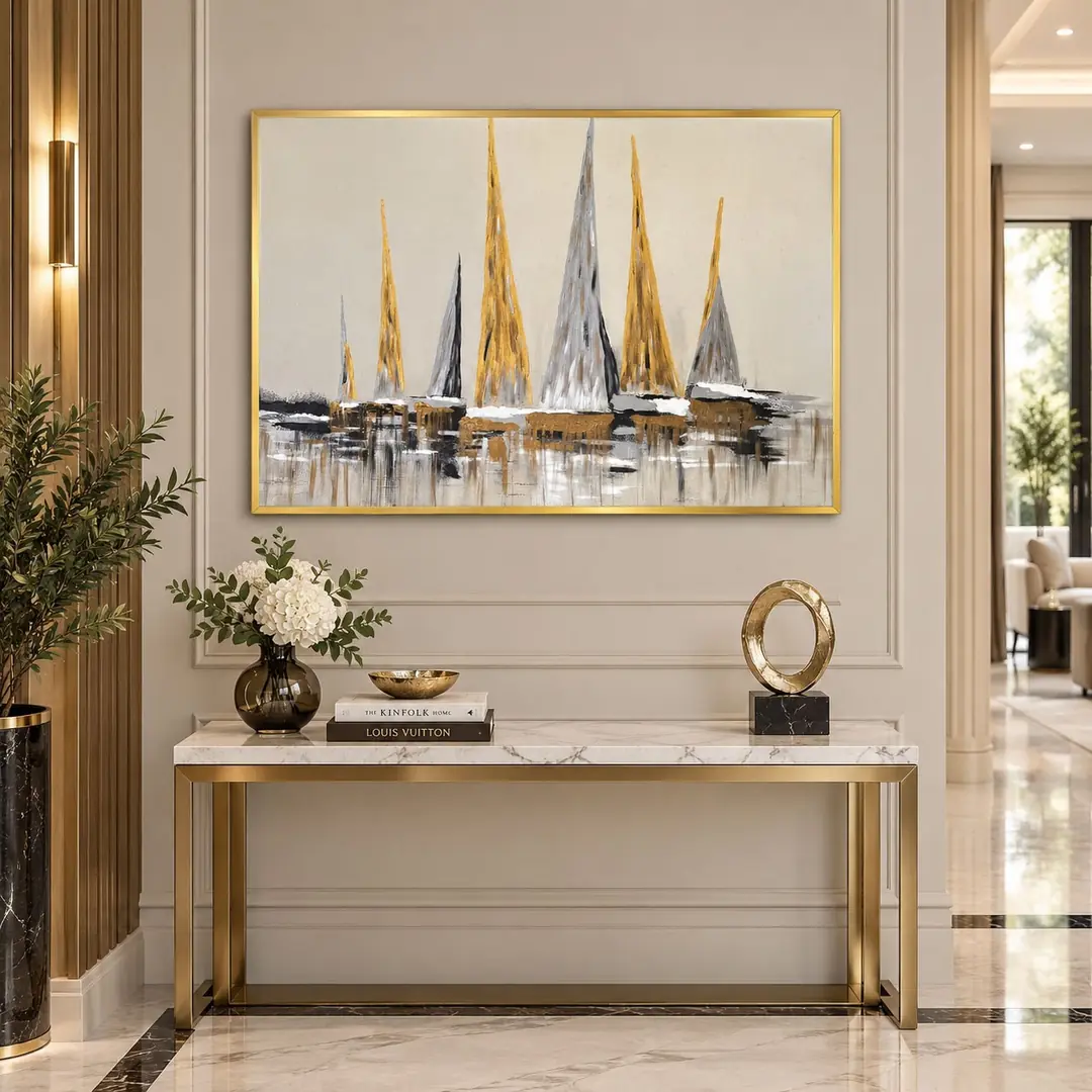 Gold Çerçeveli 65x90cm Kabartma Dokulu Soyut Yelkenliler Dekoratif Tablo - ART7002