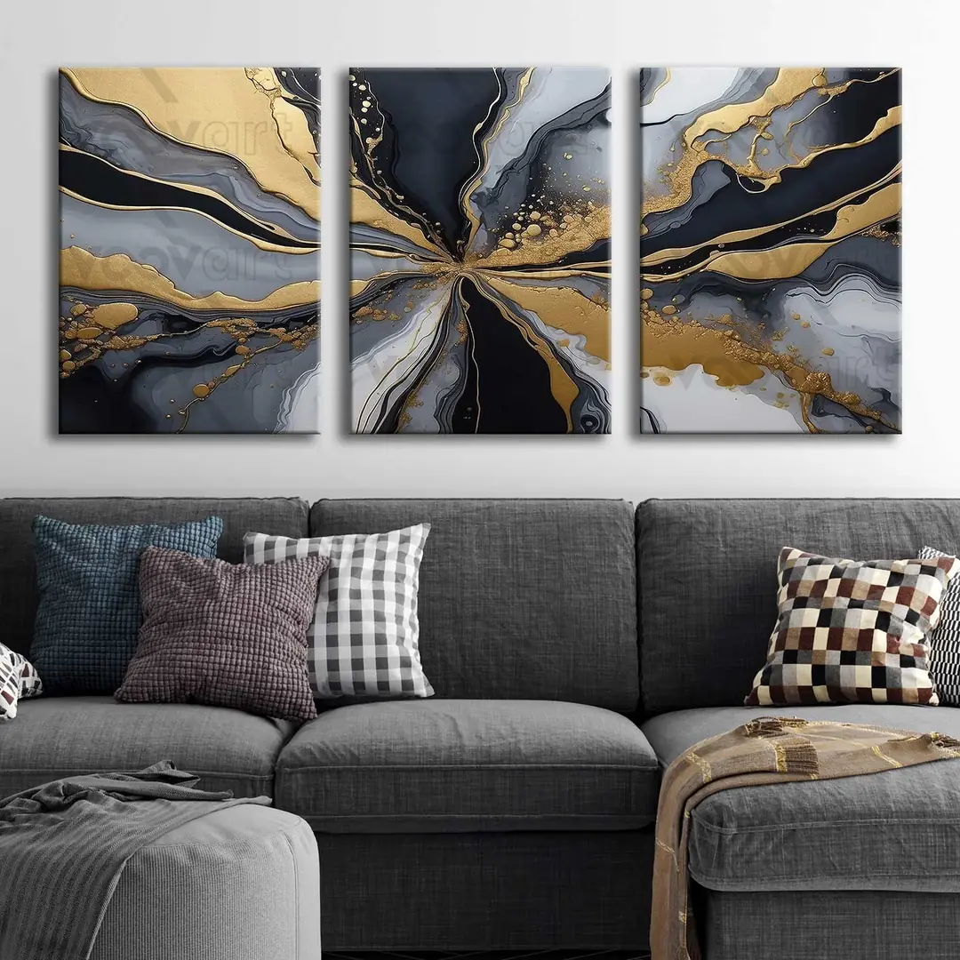 Gold Black Abstract Kanvas Tablo - 3'lü Canvas Tablo Seti - VOOV4340 1