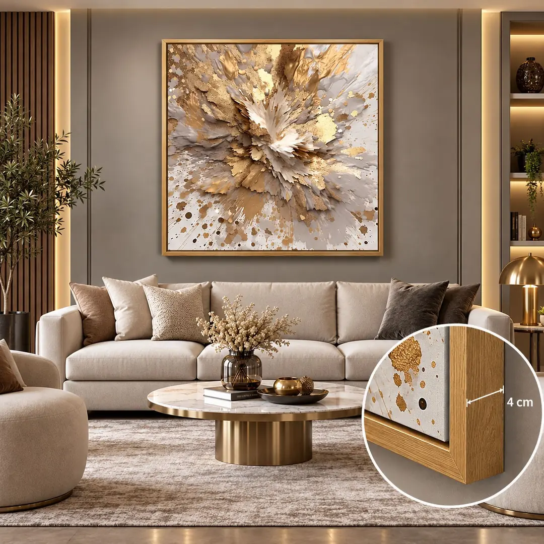 Gold Ahşap Çerçeveli - 100x100cm Gold Soyut Çiçek Patlaması Kanvas Tuval Tablo - VOOV9122 2