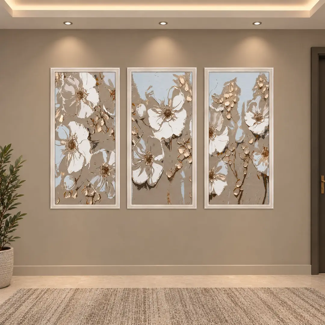 Zarif Bej Vizon Soyut Çiçekler - Kendinden Yapışkanlı Çerçeve Görünümlü Dokulu Silinebilir Poster Duvar Kağıdı – Üçlü Duvar Dekoru - 50x105 cm
