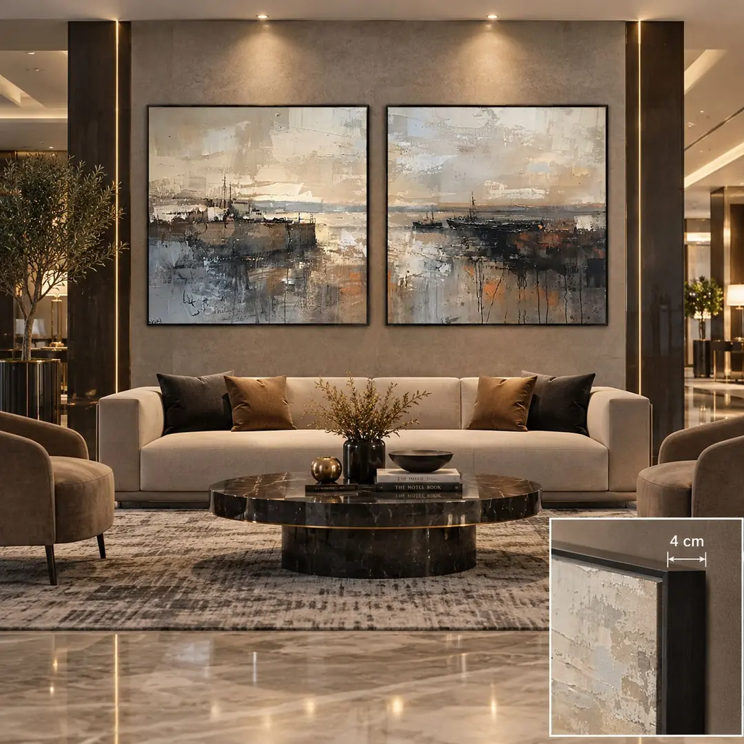 Siyah Ahşap Çerçeveli - 100x100cm Modern Soyut Liman Manzarası İkili Kanvas Tuval Tablo Seti - VOOV9119 2