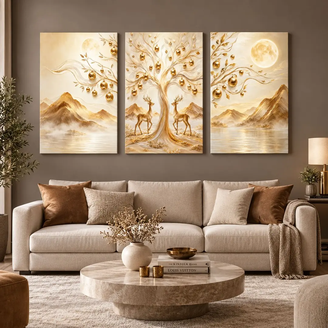 Gold Hayat Ağacı ve Geyikler - Üçlü Kanvas Tuval Tablo Seti - VOOV6151 1