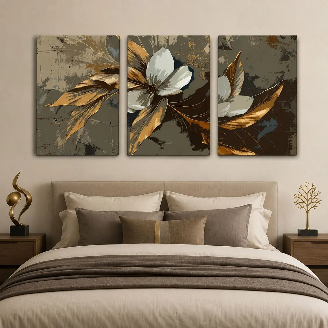 Dekoratif Çiçek ve Yapraklar Kanvas Duvar Tablosu - 3'lü Canvas Tablo Seti - VOOV4405 4